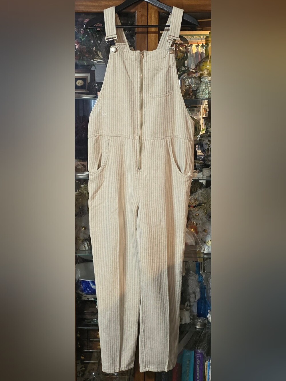 Vintage Chico's "Work Ware" Linen-Blend Striped Front-Zip Overalls